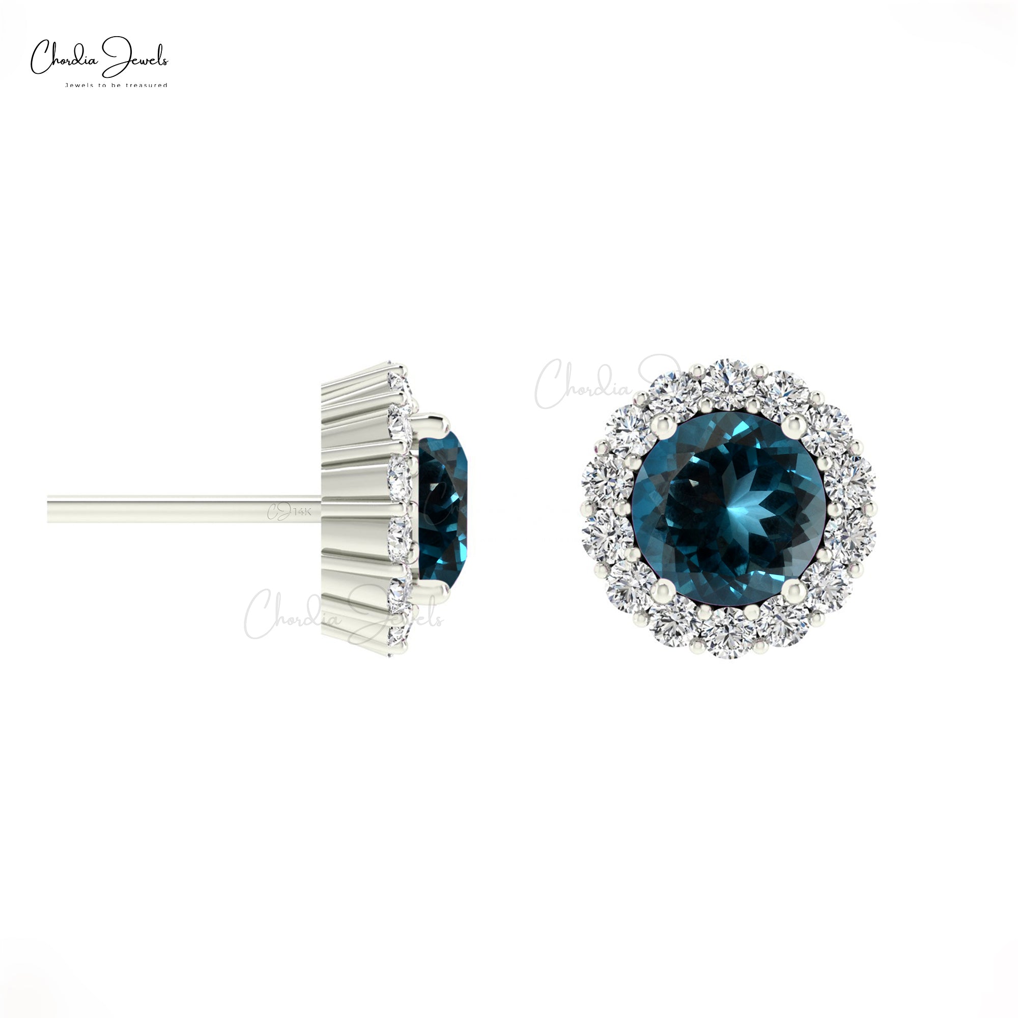 Halo Diamond Push Back Studs In 14k Solid Gold London Blue Topaz Minimal Earrings For Her