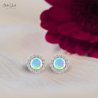 Natural Fire Opal Wedding Earrings In 14k Pure Gold Halo Diamond Push Back Studs For Her