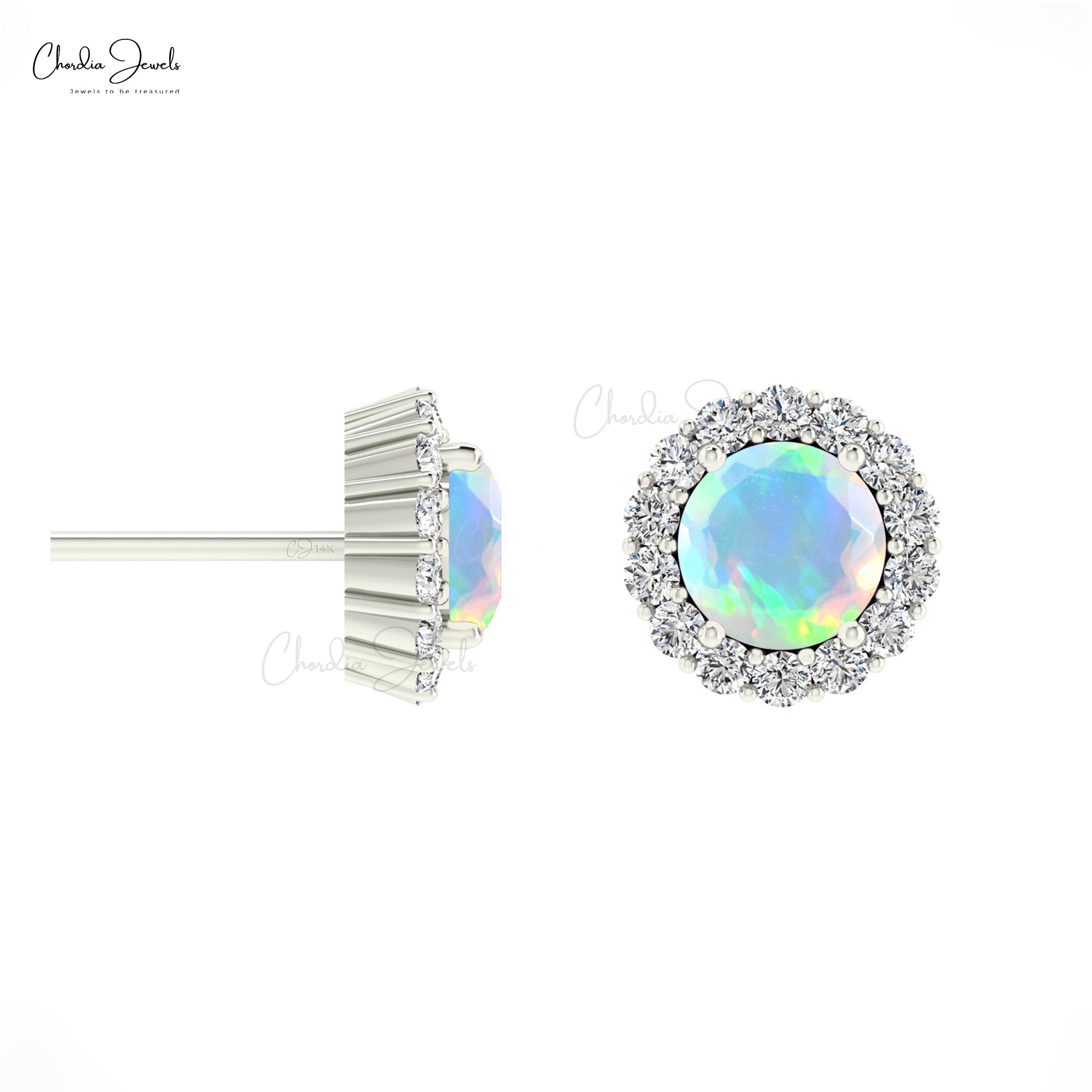 Natural Fire Opal Wedding Earrings In 14k Pure Gold Halo Diamond Push Back Studs For Her