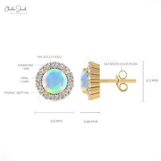 Natural Fire Opal Wedding Earrings In 14k Pure Gold Halo Diamond Push Back Studs For Her