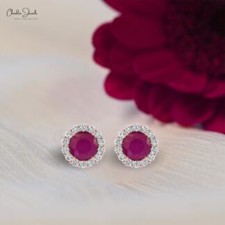 Prong Set 0.46Ct Red Ruby And Diamond Halo Earrings in Real 14k Gold Jewelry