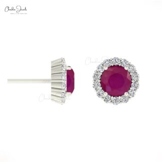 Prong Set 0.46Ct Red Ruby And Diamond Halo Earrings in Real 14k Gold Jewelry