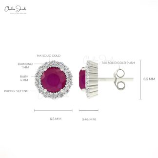 Prong Set 0.46Ct Red Ruby And Diamond Halo Earrings in Real 14k Gold Jewelry