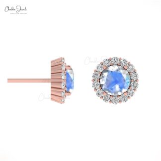Halo Rainbow Moonstone Stud In Solid 14k Gold Small Diamond Push Back Earrings For Her