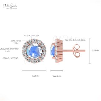 Halo Rainbow Moonstone Stud In Solid 14k Gold Small Diamond Push Back Earrings For Her