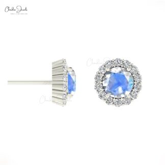 Halo Rainbow Moonstone Stud In Solid 14k Gold Small Diamond Push Back Earrings For Her
