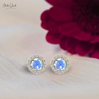 Halo Rainbow Moonstone Stud In Solid 14k Gold Small Diamond Push Back Earrings For Her