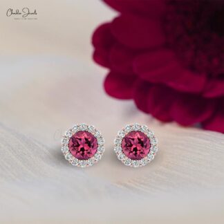 Halo Minimalist Earring With 4mm Pink Tourmaline And G-H Diamond 14k Real Gold Studs