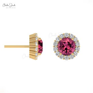 Halo Minimalist Earring With 4mm Pink Tourmaline And G-H Diamond 14k Real Gold Studs