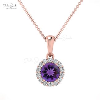 Halo Diamond Pendant With 0.22 Ct Amethyst And Diamond Circle Necklace In 14k Pure Gold