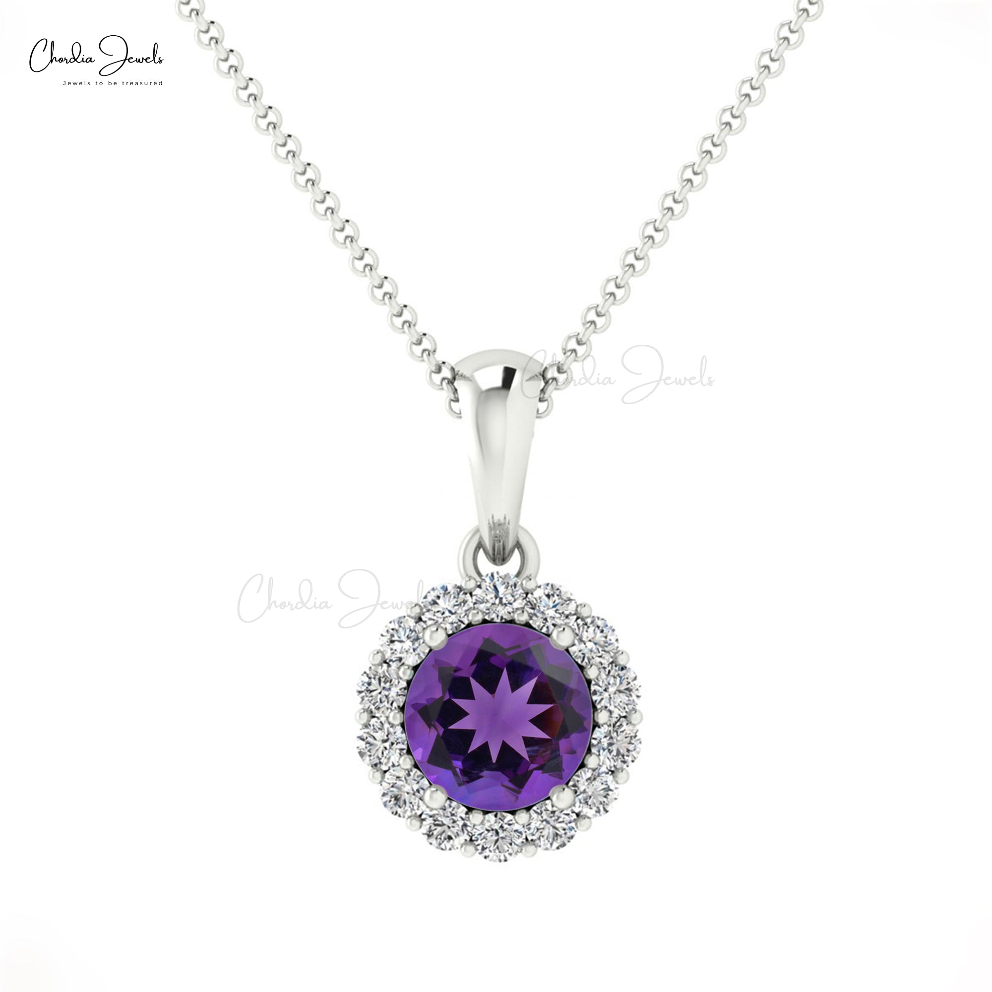 Halo Diamond Pendant With 0.22 Ct Amethyst And Diamond Circle Necklace In 14k Pure Gold