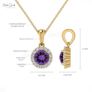 Halo Diamond Pendant With 0.22 Ct Amethyst And Diamond Circle Necklace In 14k Pure Gold