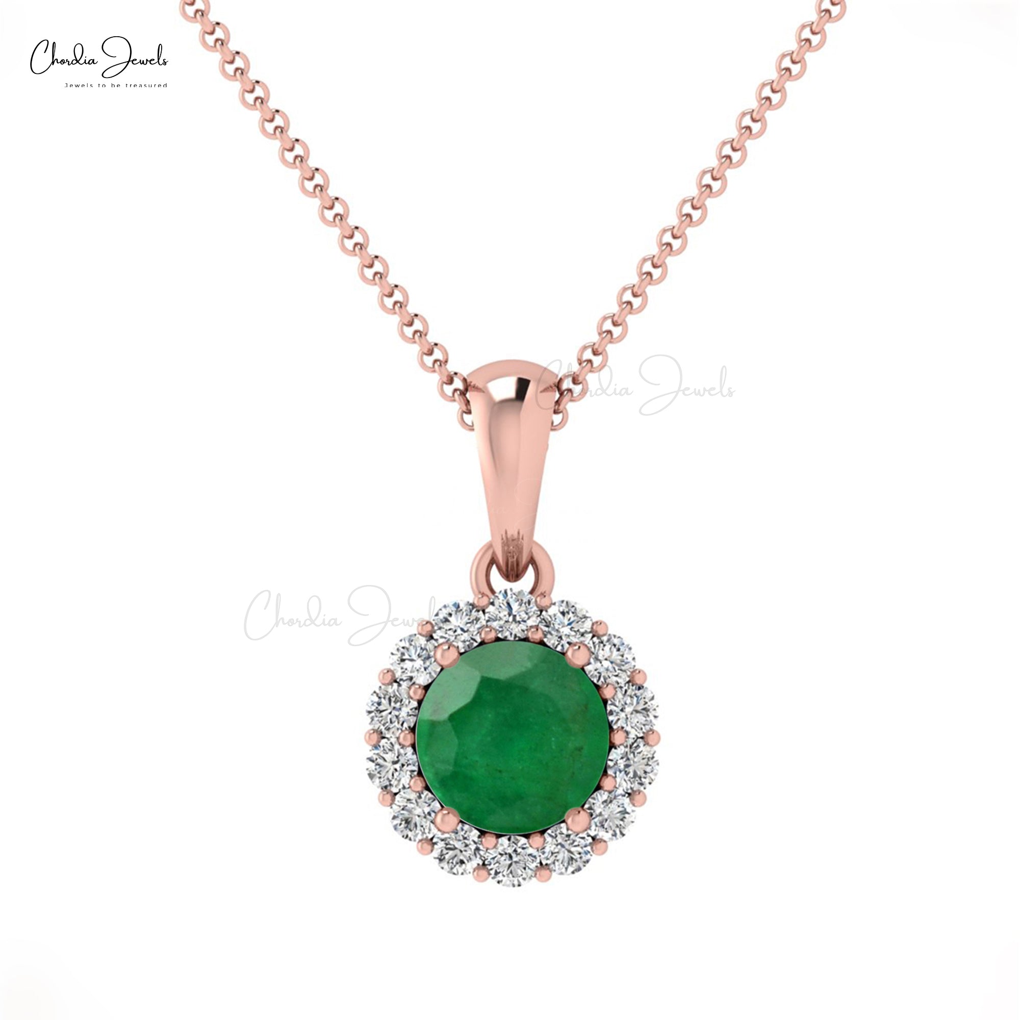 Natural Emerald May Birthstone Pendant With Halo Diamond 14k Pure Gold Handmade Necklace