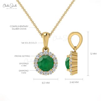 Natural Emerald May Birthstone Pendant With Halo Diamond 14k Pure Gold Handmade Necklace