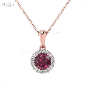Halo Gemstone Charm In14k Solid Gold Rhodolite Garnet 0.3 Ct And Diamond Dangle Pendant