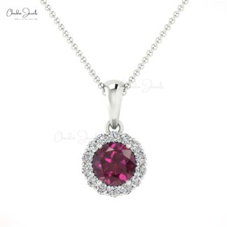 Halo Gemstone Charm In14k Solid Gold Rhodolite Garnet 0.3 Ct And Diamond Dangle Pendant