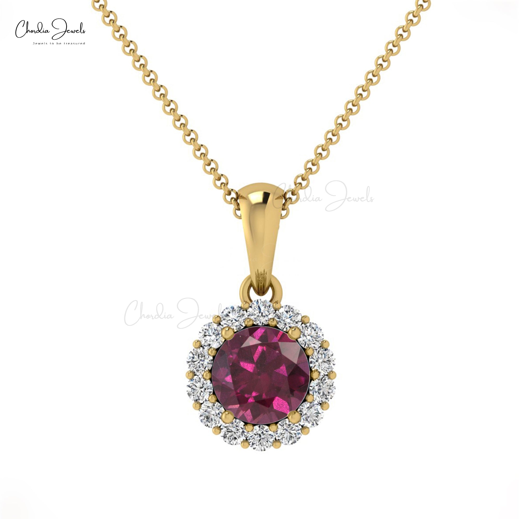 Halo Gemstone Charm In14k Solid Gold Rhodolite Garnet 0.3 Ct And Diamond Dangle Pendant