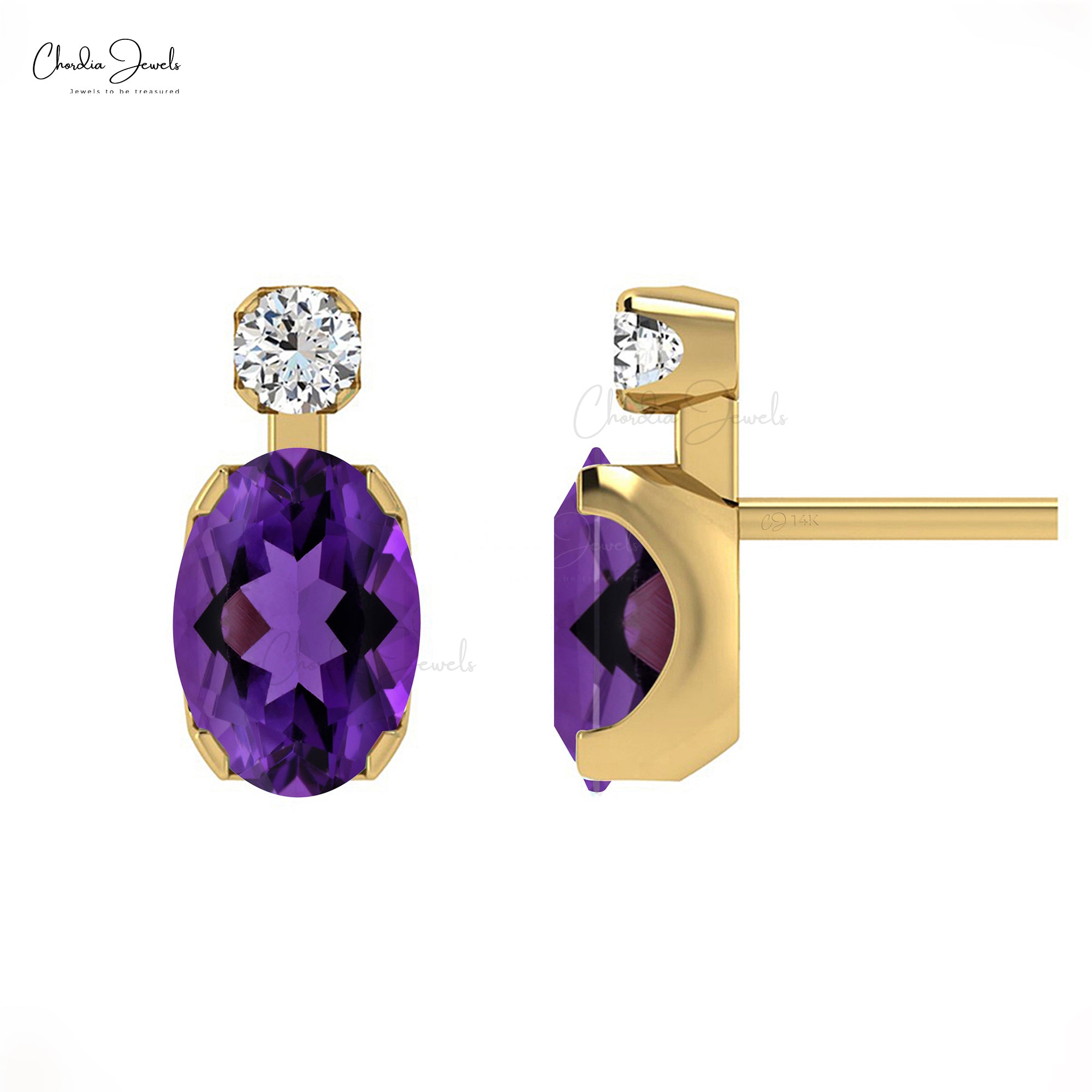 Oval Gemstone Studs In 14k Real Gold Amethyst And G-H Diamond Accented Wedding Earrings