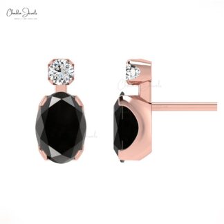 Genuine Black Diamond Wedding Earrings 14k Real Gold Fine Jewelry 0.94Ct Oval Gemstone Minimal Earrings For Valentine’s Day