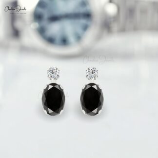 Genuine Black Diamond Wedding Earrings 14k Real Gold Fine Jewelry 0.94Ct Oval Gemstone Minimal Earrings For Valentine’s Day