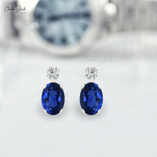 Natural Blue Sapphire 7x5mm Oval Gemstone Earrings Genuine 14k Real Gold Dainty Diamond Earrings For Graduation Gift