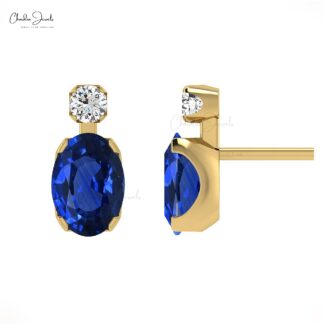 Natural Blue Sapphire 7x5mm Oval Gemstone Earrings Genuine 14k Real Gold Dainty Diamond Earrings For Graduation Gift
