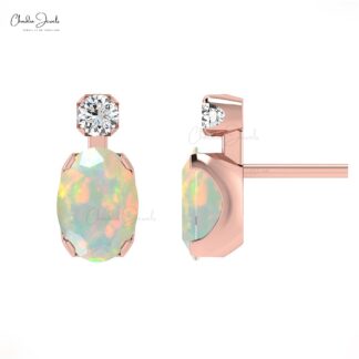 Oval Cut Ethiopian Opal & Real Diamond Accented Stud Earrings In 14K Gold
