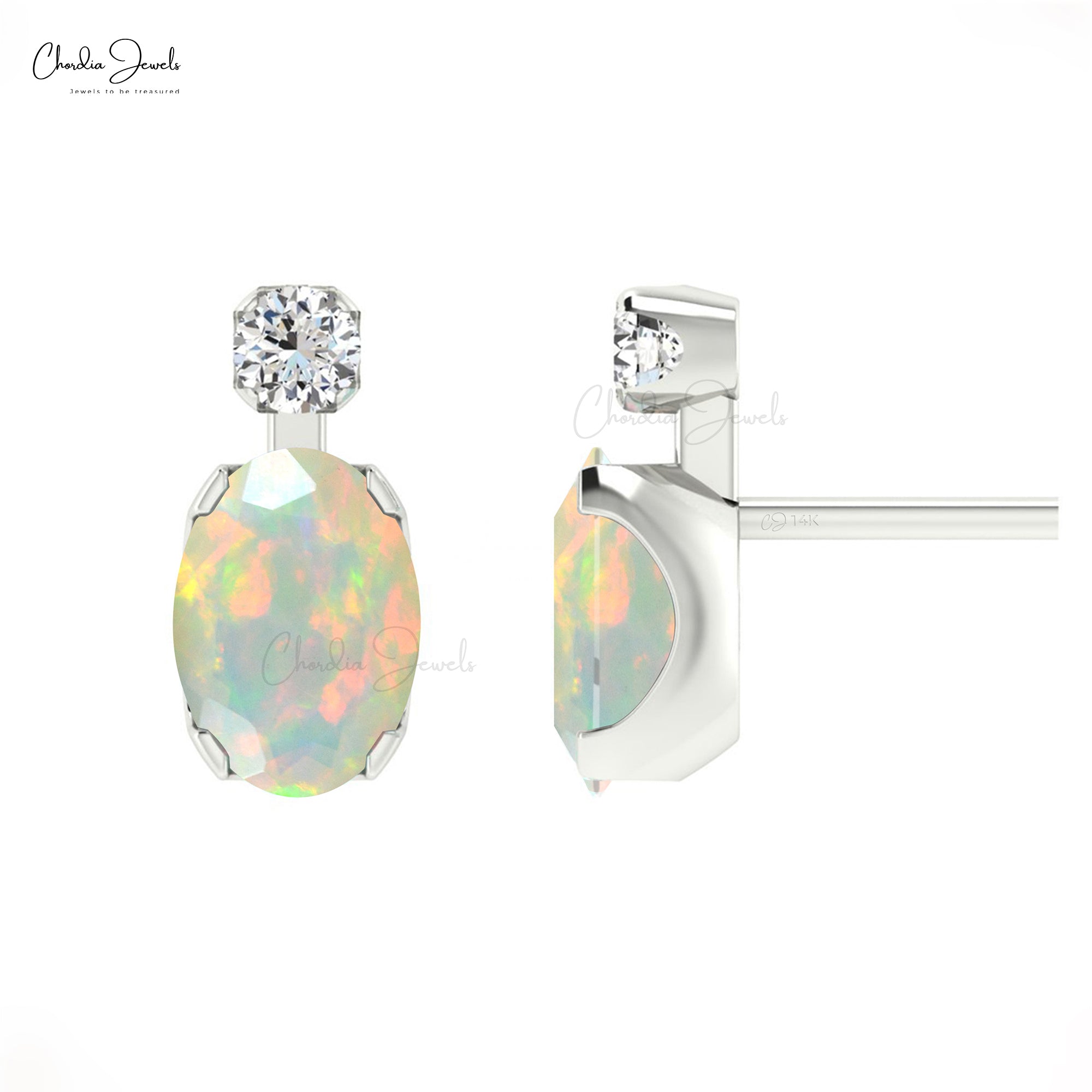 Oval Cut Ethiopian Opal & Real Diamond Accented Stud Earrings In 14K Gold