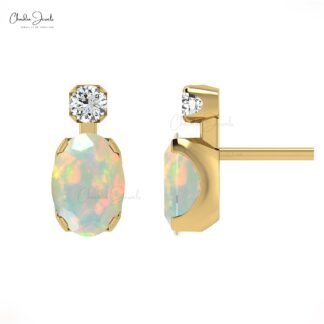 Oval Cut Ethiopian Opal & Real Diamond Accented Stud Earrings In 14K Gold