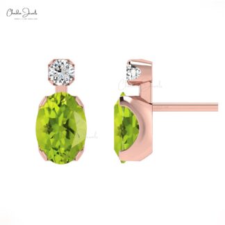 Genuine Peridot 14k Real Gold Diamond Earrings 0.94Ct Oval Gemstone Handmade Earrings Personalized Gift For Women