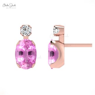 Iconic Pink Sapphire Minimal Earrings 7x5mm Oval Gemstone Fine Jewelry Genuine 14k Real Gold Diamond Earrings For Her