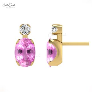 Iconic Pink Sapphire Minimal Earrings 7x5mm Oval Gemstone Fine Jewelry Genuine 14k Real Gold Diamond Earrings For Her