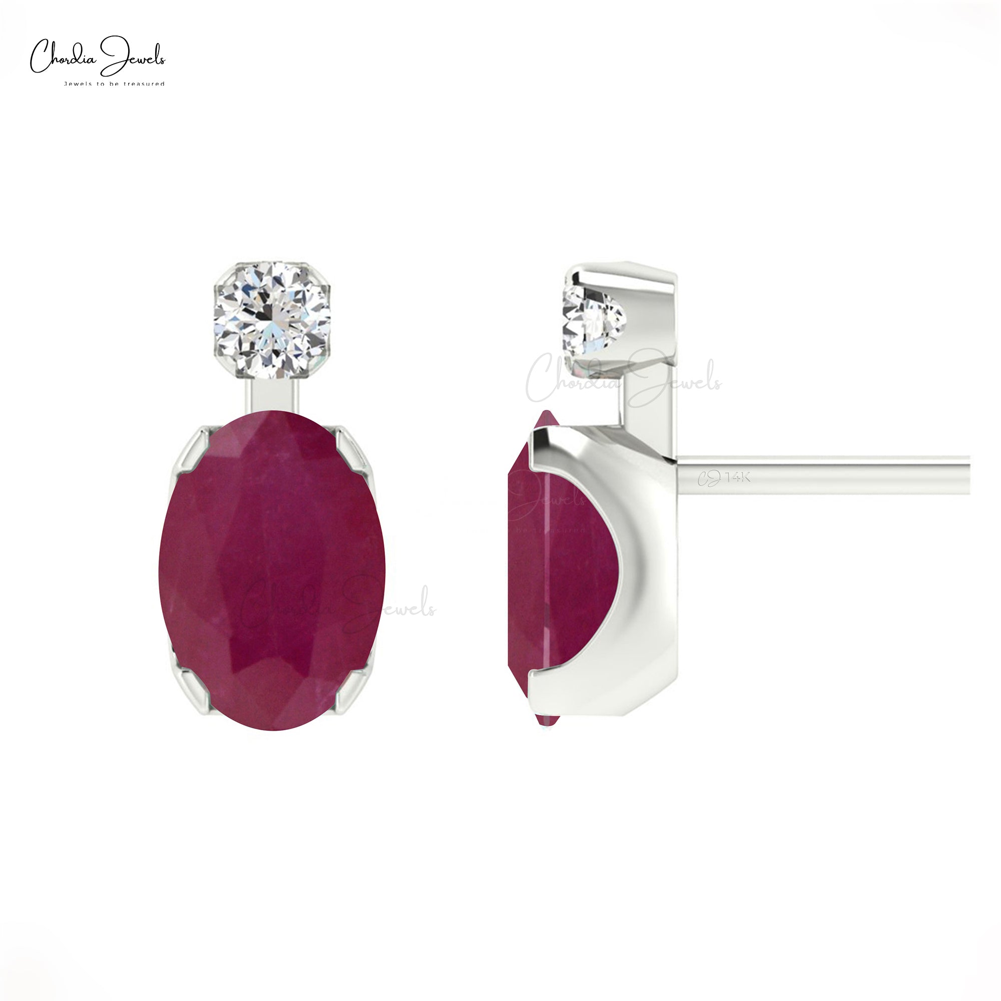 Natural Burma Ruby Oval Cut Studs With Diamond Accents In 14k Pure Gold 2 Stone Earrings
