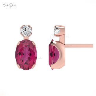 Genuine 14K Gold Pink Tourmaline Diamond Stud Earrings For Gift
