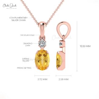 Genuine Citrine 7x5mm Gemstone And G-H Diamond 2 Stone Pendant in 14k Solid Gold
