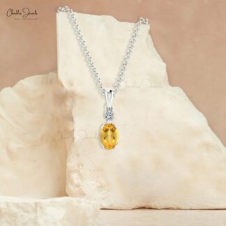 Genuine Citrine 7x5mm Gemstone And G-H Diamond 2 Stone Pendant in 14k Solid Gold