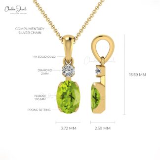Oval Cut Dangle Charm in 14k Real Gold Peridot 7x5mm Gemstone And Diamond Pendant