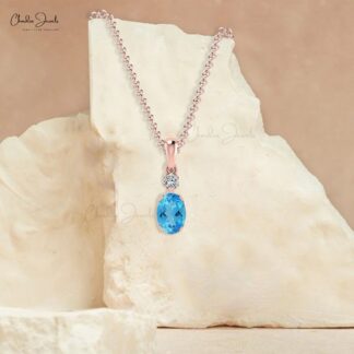 Natural Swiss Blue Topaz 1 Ct Gemstone and Diamond 14k Real Gold 2 Stone Pendant