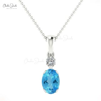 Natural Swiss Blue Topaz 1 Ct Gemstone and Diamond 14k Real Gold 2 Stone Pendant