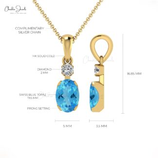 Natural Swiss Blue Topaz 1 Ct Gemstone and Diamond 14k Real Gold 2 Stone Pendant