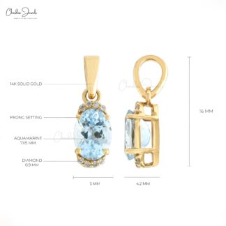 Natural Aquamarine 0.75 Ct Gemstone and Halfway Diamond 14k Real Gold Unique Pendant