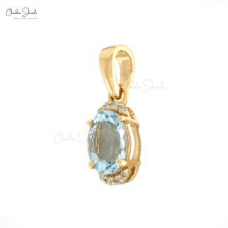 Natural Aquamarine 0.75 Ct Gemstone and Halfway Diamond 14k Real Gold Unique Pendant
