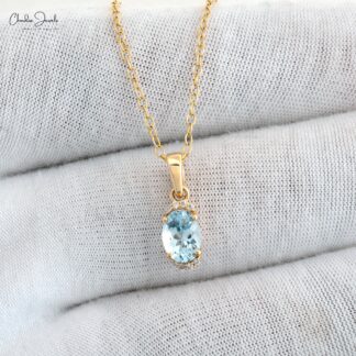 Natural Aquamarine 0.75 Ct Gemstone and Halfway Diamond 14k Real Gold Unique Pendant