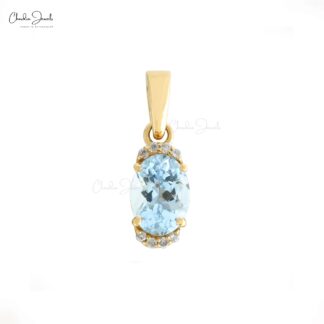 Natural Aquamarine 0.75 Ct Gemstone and Halfway Diamond 14k Real Gold Unique Pendant