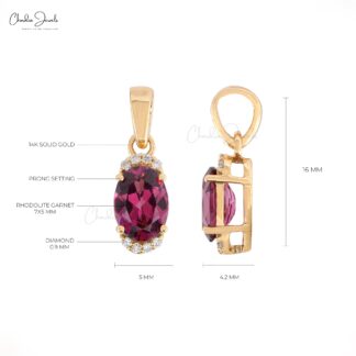 Oval Gemstone Dangle Pendant in 14k Yellow Gold Rhodolite And Diamond Half Halo Necklace