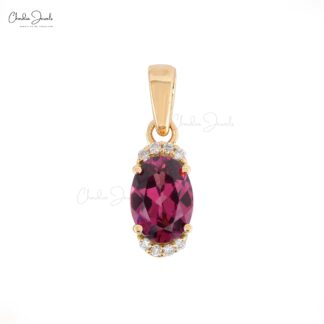 Oval Gemstone Dangle Pendant in 14k Yellow Gold Rhodolite And Diamond Half Halo Necklace