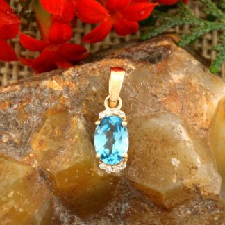 Pure 14k Yellow Gold Dangle Charm With 7x5mm Oval Swiss Blue Topaz Diamond Women Pendant