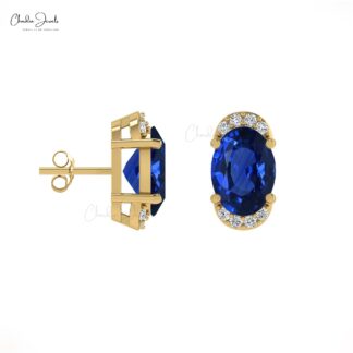 Natural Blue Sapphire Half Halo Studs 0.94Ct Oval Gemstone Handmade Earrings 14k Real Gold Certified Diamond Studs Jewelry For Gift