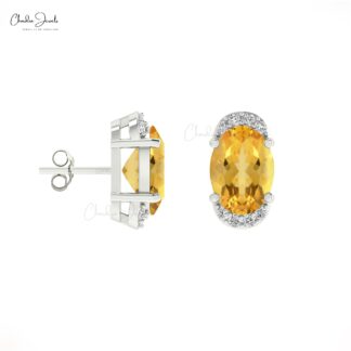 Genuine Citrine Pave Set Earrings 7x5mm Oval Gemstone Half Halo Studs 14k Real Gold Diamond Hallmarked Jewelry For Women's
