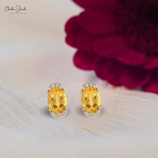 Genuine Citrine Pave Set Earrings 7x5mm Oval Gemstone Half Halo Studs 14k Real Gold Diamond Hallmarked Jewelry For Women’s